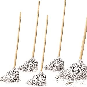 Willinglong 4 Pcs Large Cotton Mop with Solid Wood Handle Traditional White Deck Mops Wood Handle Mop String Mop for Daily Cleaning, Total 59 Inches Long