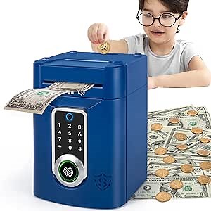 Refasy Piggy Bank for Kids, Electronic Money Bank Kids Piggy Bank for Boys Toys Touchscreen ATM Piggy Banks Money Saving Box for Boys Girls Gifts Toys Coin Bank with Music(Blue)