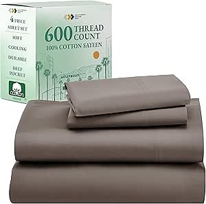 California Design Den 100% Cotton Sheet Set Queen, 600 Thread Count Sateen, Soft, Cooling Deep Pocket Cotton Sheets, Hotel-Quality Queen Sheet Set (Mushroom - Taupe Brown)