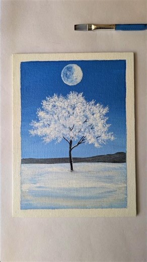 A lone snowy tree at moonlight 🎨 #ytshorts #art #snowtree #painting #acryliconcanvas #winterscenery