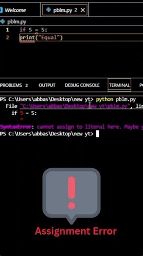 “=vs==`—Python beginners ki common mistake 😅”#python #coding #programming #pythonshorts #beginners
