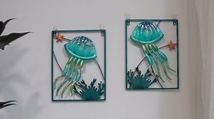 LIFFY Metal Jellyfish Wall Decor with Frame-Outdoor Wall Art,Jellyfish Wall Decor with LED Fairy Light,Glass Art Wall Sculpture, Wall Decor for Pool,Beach Wall Hanging, Home Gifts(2pcs, Blue)
