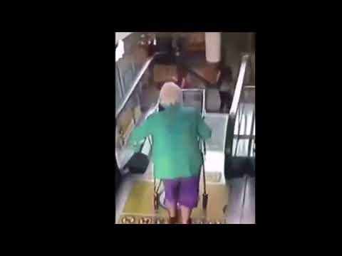 Granny falls down the escalator