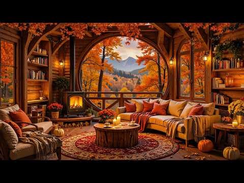 Cozy Autumn Forest Cabin 🍂 Relaxing Piano Jazz Music & Fireplace Sounds for Study and Work Ambience