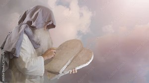 The Old Testament biblical prophet Moses holds the tablets with the ten commandments