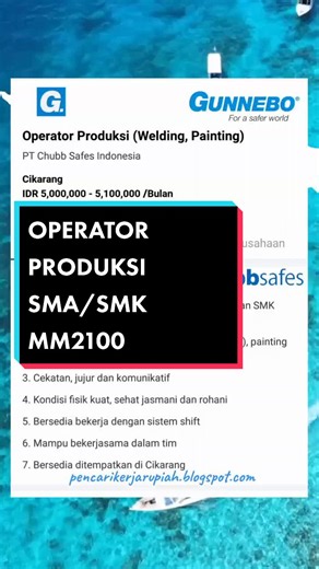 PT Chubb Safes Indonesia Gunnebo #chubbsafes #chubbsafesindonesia #ptchubbsafesindonesia #indolokbaktiutama #lokeroperatorproduksi #lokeroperator #operatorproduksi #operatorwelder #lokersmasmk #mm2100 #mm2100cibitung #lokercikarang #lokerbekasi #lowongankerja Operator Produksi Link Pendaftaran tersedia di Web Pencari Kerja Rupiah Alamat PT. Chubb Safes Indonesia Kawasan Industri MM2100 Blok T6-1 Gandamekar, Cikarang Barat Kabupaten Bekasi, Jawa Barat