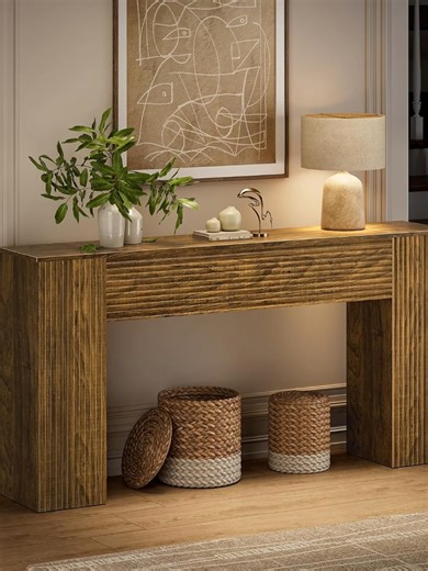 Make a statement the moment you walk in. This fluted hallway entry console blends modern texture with practical storage, creating the perfect balance of style and function. FABATO 61'' Fluted Long Console Table, Wooden Rectangular Sofa Table Behind The Couch, Narrow Entryway Table with 2 Hidden Storage Cabinets for Entrance, Hallway, Living Room, Foyer, Brown