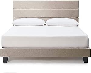 Hearth & Harbor King Bed Frame and Headboard – Linen Horizontal Channel Upholstered King Size Bed Frame, Platform Bed Frame King, Modern Bedframe with Wooden Slats, No Box Spring Needed, Beige
