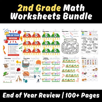 2nd Grade Math Worksheets Bundle | End of Year Review | 8 Topics
