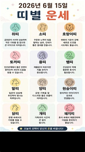 June 15, 2026 Daily Horoscope by Chinese Zodiac #ChineseZodiac #Animal #Saju #ZodiacSign #Blessin...