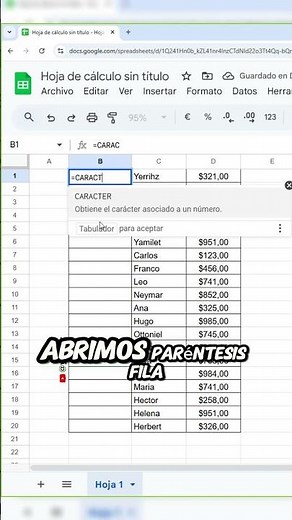 Usando el código ASCII en hoja de calculo de Google #Excel #office #tutorial