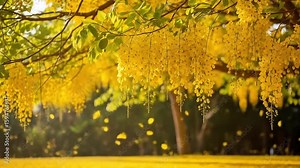Golden Shower Tree Blossoming In Summer. Beautiful golden shower tree flowers blooming in sunlight, representing tropical summer nature.