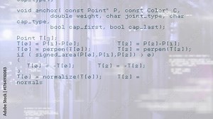 At start, C++ code overlay scrolling over server racks, revealing HTTP request geometry routines