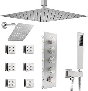 Thermostatic Shower System Dual Shower Heads with 16" Ceiling Mounted Rain Shower Head & 6" Wall Mounted Head 4 Function Shower System with body jets Can All Run Together, Brushed Nickel