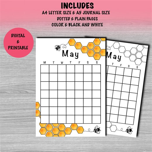 May Calendar Printable Bee Theme A4 A5 Journal Pages Dotted and Plain Color and Black White Digital Planner Insert - Etsy