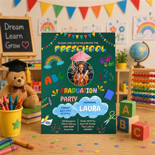 Pre K Graduation Invite With Photo, Preschool Grad Invitation, Kindergarten Class of 2026 Kids Party Invite, Canva Printable Template - Etsy