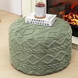 Poofieotto Round Pouf Ottoman Stuffed 20x12 Inches Floor Pouf Chair for Living Room Bedroom Modern Foam Pouf Ottoman Foot Rest for Couch Home Decor Pouffe Sage Green
