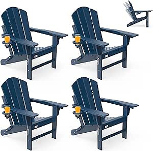 Mdeam 3-Position Adjustable Adirondack Chair Set of 4, 400LBS Capacity, Cup Holder, Wooden Textured, All-Weather HDPE Folding Fire Pit Outdoor Chairs for Poolside Deck Patio Garden Yard - Navy Blue