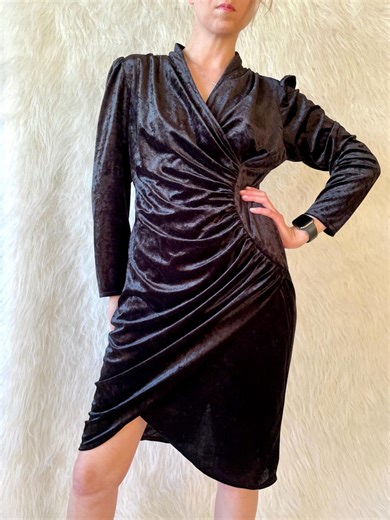 Vintage Black Velvet Midi Dress | 80s 90s Wrap Dress | UK Made Cocktail Party - Etsy