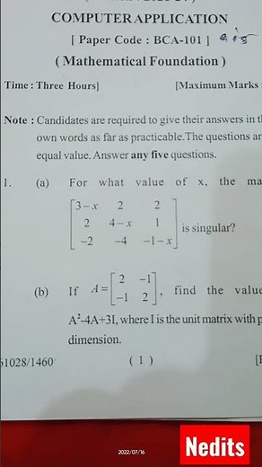 BCA Sem 1 Q. paper#2022# Maths