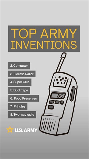 United States Army on Instagram: "Here are our top U.S. Army inventions. Looking back at the past 250 years of U.S. Army innovation! From Cheetos and Pringles to duct tape and super glue, some of our Soldier and civilian inventions are now part of our everyday lives. What groundbreaking ideas will our creative minds come up with next? Which one surprised you the most?"