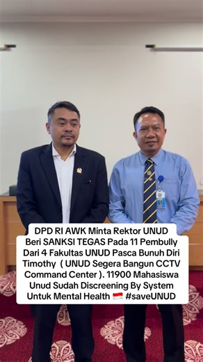 Shri Gusti Arya Wedakarna OFFICIAL on Instagram: "DPD RI AWK Minta Rektor UNUD Beri SANKSI TEGAS Pada 11 Pembully Dari 4 Fakultas UNUD Pasca Bunuh Diri Timothy ( UNUD Segera Bangun CCTV Command Center ). 11900 Mahasiswa Unud Sudah Discreening By System Untuk Mental Health 🇮🇩 #saveUNUD"