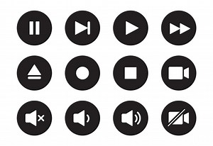Audio, video, music player button icon. Sound control, play, pause button solid icon set. Camera, media control, microphone interface pictogram.  Vector