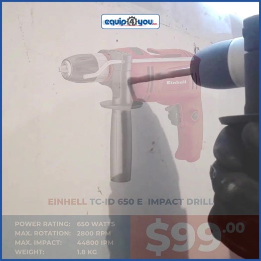 The impact drill drive TC-ID 650 E is a versatile device that supports do-it-yourselfers at their working applications with two functions for drilling and impact drilling. Features include: ▪️ Handy belt-hook ▪️ Metal drill depth stop ▪️ Reverse facility for drilling and screwing ▪️ Speed electronic with pre-selection ▪️ Quick-change drill chuck. Available at Equip4You for only $99.00 BBD. #Equip4You #Einhell #powertools #Einhelltools | Equip4you