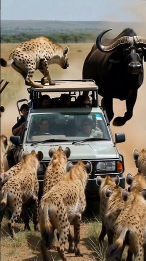 Safari Van vs Hyena Pack & Charging Buffalo | Real Wild Animal Encounter Caught on Camera!