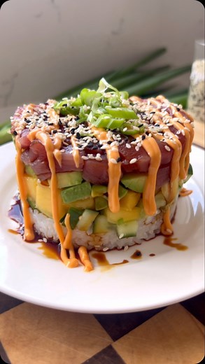 FRESH TUNA STACK 🥑 with sushi rice, mango, cucumber & avocado. #recipe | Recipes by Victoria