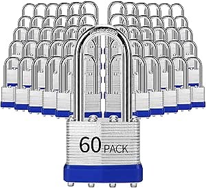 Padlocks Keyed Alike, Pack of 60, Laminated Steel Keyed Lock (1-9/16", 40mm), Padlocks with Same Key, Long Shackle, for Toolbox, Locker & StorageUnit or More