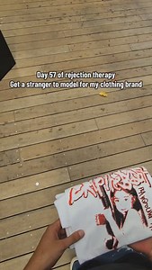 day 57: get a stranger to model for my clothing brand for those that didn’t already know, I run a brand full time (hence why I have time in my days to do all these rejections lmao) & I was thinking of cool ways to involve it with the rejection project so I thought I would ask a stranger to model a shirt from our new drop! I was kinda nervous about asking this but stoked she said yes and the photos turned out absolutely amazing :) comment some more ideas, what’s next? #rejectiontherapy #rejection