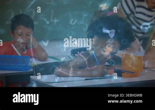 Girl pencil touching page in classroom, teacher leaning closer guiding, math overlay for learning. Student, desks, worksheets, educator, collaboration, education, school Stock Video Footage - Alamy