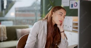 Stress, burnout and business woman in office frustrated by computer, delay or system error. Fatigue, worry and accountant overwhelmed by audit mistake, disaster or tax compliance, deadline or fail