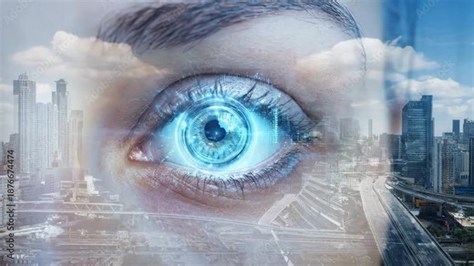 Human eye glowing with digital scanning interface for biometric identification. Secure personal access system, identity verification, privacy protection