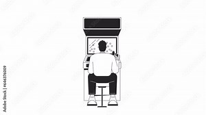 Black man sitting at arcade cabinet bw outline 2D character animation. 90s nostalgic monochrome linear cartoon 4K video. Retro gamer playing arcade game animated person isolated on white background