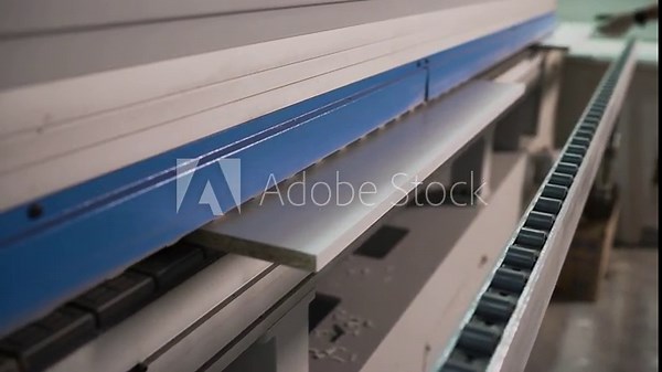 Machine for gluing tape on MDF panels. Technological material for gluing chipboard edges. The MDF panel is fed to a furniture production machine. A veneer machine at a woodworking factory.