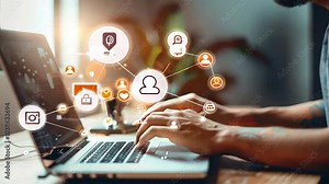 Hands typing on laptop with digital icons, representing IT and online slow motion video technology.