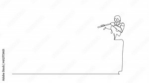 Animated self drawing of single continuous line draw robot flutist performing classical music on wind instrument. Robotic artificial intelligence. Electronic technology. Full length one line animation