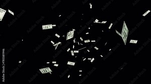Money drop. Money rain animation on transparent background. Falling rotating Money. Falling money rain motion background with alpha channel.