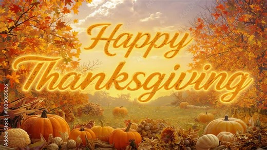Loop starting, pulsing Happy Thanksgiving script and pumpkins brightening autumn field for greeting