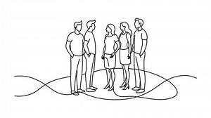 Group of individuals stands together, forming a circle, engaged in conversation and interaction Continuous line draw Full length single line animation.