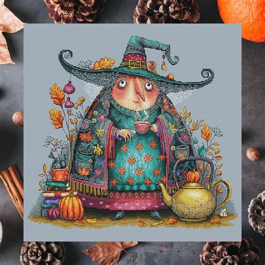 Witch With Tea Cross Stitch Pattern. Digital Halloween Embroidery Chart. Cozy Autumn Witch Needlepoint PDF. Cottagecore Hygge Embroidery - Etsy