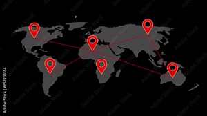 Colorful location icon on world map different information black background. motion graphics.