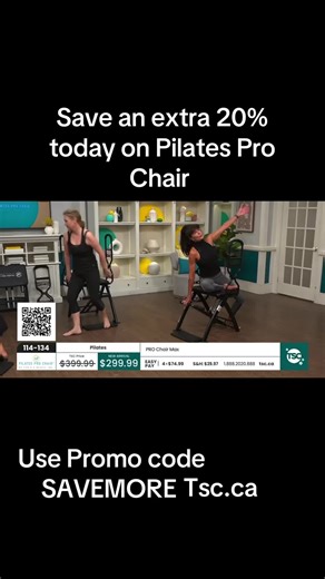 So excited that you can get extra 20% savings today with the Pilates Pro Chair Max!! Just use promo code SAVEMORE at TSC.ca or call 1888-202-0888 During the show today we did the following Pilates Chair Exercises: -Foot Work in all 4 foot positions- double & single leg. -Boat pose into jackknives -Press Down -Pull up -Mountain climbers -Triceps Dips -Leg presses (quad & inner thigh focus) -Swan -Flutter kick -Cobra -Mermaid -Shoulder presses -Seated Abs & lat -Hamstring lifts -Reverse Crunches -