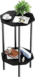 Side Table, Octagonal End Table for Small Spaces, Nightstand with 2 Storage Shelves, Small Table Stand for Bedroom, Living Room, Outdoor Balcony(Black)