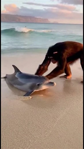 Interspecies Rescue: Chimp and Dolphin A chimpanzee's kindness saves a dolphin on the beach. #fblifestyle #AI Generated using Kling AI . . . (For entertainment purposes only. Consult professionals if guidance on activities is presented. No brand affiliation is implied if any are shown. If inspired by true events, creative adaptations may be included. Content may include public footage.) | Fabiosa Daily