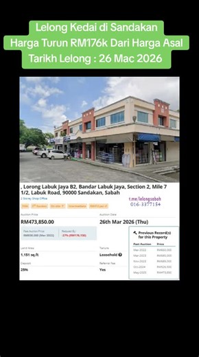 Bandar Labuk Jaya @ Batu 7, Sandakan - Shop Office 2 Tingkat - 1151 sqft - Tarikh Auction : 26 Mac 2026 - Reserve Price : RM473,850.00 Kedai 2 tingkat ini dilelong untuk kali ke-5 sejak dilelong pertama kali pada tahun 2022. Penurunan harga sebanyak RM176k dari harga lelongan asal. 🔥 𝐋𝐨𝐚𝐧 & 𝐋𝐚𝐰𝐲𝐞𝐫 𝐛𝐨𝐥𝐞𝐡 𝐝𝐢𝐮𝐫𝐮𝐬𝐤𝐚𝐧 💯 𝐏𝐢𝐧𝐣𝐚𝐦𝐚𝐧 𝐬𝐞𝐡𝐢𝐧𝐠𝐠𝐚 𝟏𝟎𝟎% (𝐭𝐞𝐫𝐭𝐚𝐤𝐥𝐮𝐤 𝐤𝐞𝐥𝐚𝐲𝐚𝐤𝐚𝐧) 👉 𝐋𝐞𝐛𝐢𝐡 𝐛𝐚𝐧𝐲𝐚𝐤 𝐡𝐚𝐫𝐭𝐚𝐧𝐚𝐡 𝐒𝐚𝐛𝐚𝐡: t.me/jualrumahsabah