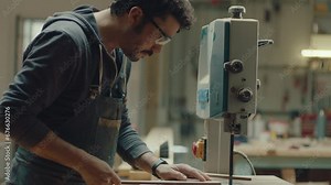 Male woodworker in apron and safety goggles using bandsaw to cut wooden plank in carpentry workshop. Side view, focus on foreground