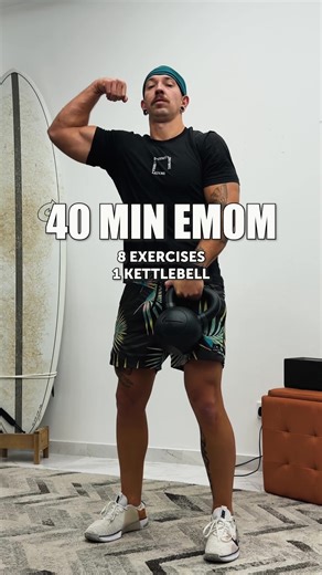 FULL BODY EMOM 🔥 (40 min) 8 exercises. 1 kettlebell. A long goblet-focused EMOM built for strength, control, and consistency. Press, squat, pull, hinge, core - every minute has a purpose. Workout Breakdown: 40 min EMOM min 1 | 10-14 Goblet Shoulder Press min 2 | 10-14 Goblet Squat min 3 | 6-10 Goblet Clean Squat min 4 | 6-10 Goblet Thruster min 5 | 12-16 Bent Row (Alt) min 6 | 10-14 Goblet Dead High Pull min 7 | 4-6 Swing Squat (L R) min 8 | 45 sec Plank Stay smooth. Let the volume do the work.